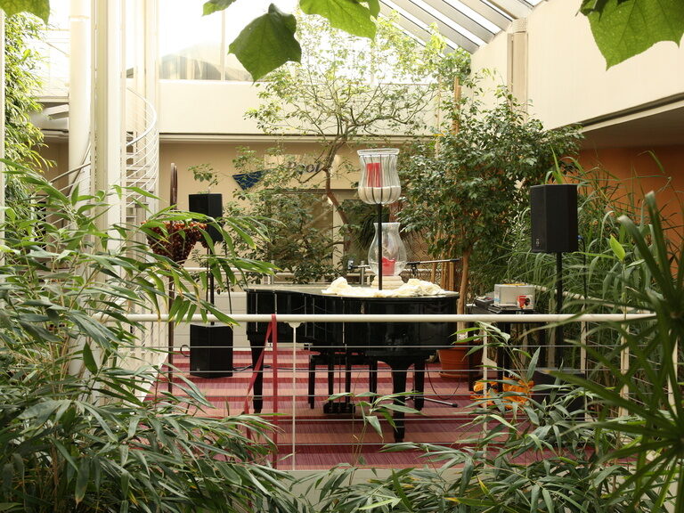 Schwarzer Flügel umgeben von tropischen Pflanzen in heller, lichtdurchfluteter Hotellobby.