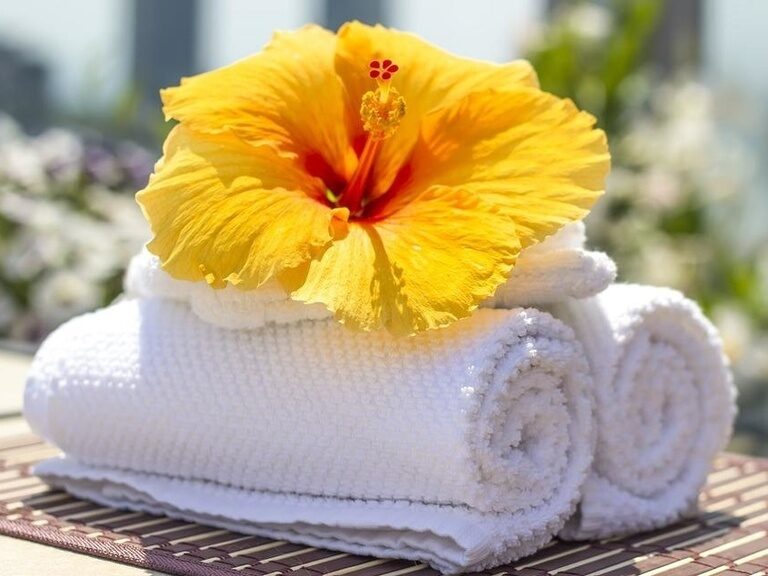 Gelbe Hibiskusblüte auf gerollten weißen Handtüchern im Außenbereich.
