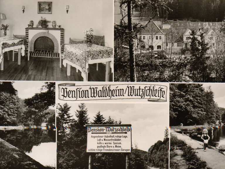Collage historischer Fotos von Pension Waldheim an der Wutzschleife.