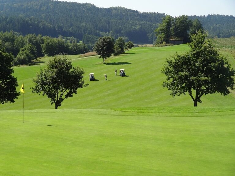 Blick über einen weiten Golfplatz mit Spielern, Golfcarts und hügeliger Waldlandschaft an einem sonnigen Tag.